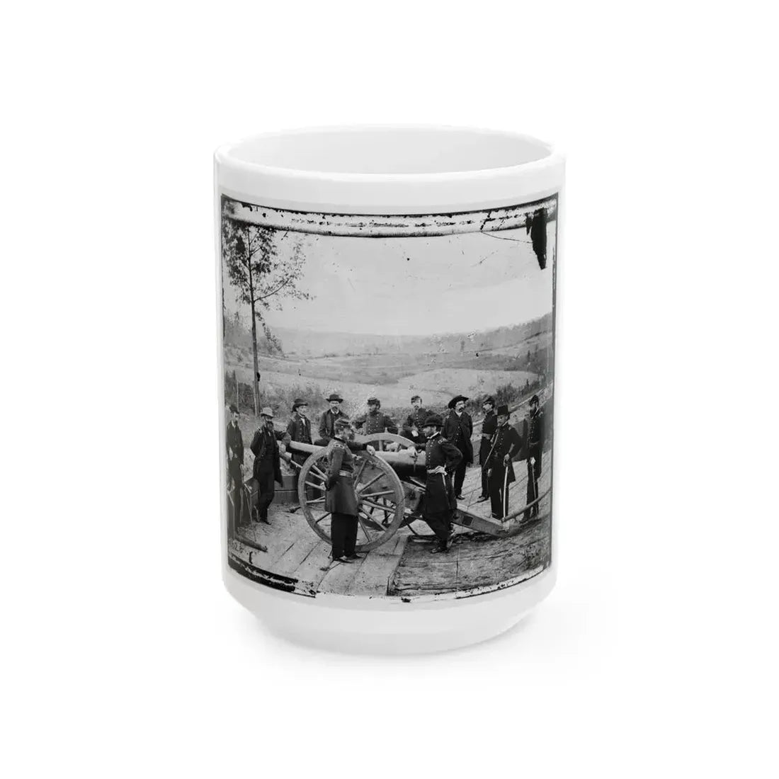 Atlanta, Ga. Gen. William T. Sherman, Leaning On Breach Of Gun, And Staff At Federal Fort No. 7 (U.S. Civil War) White Coffee Mug 15oz - Go Mug Yourself