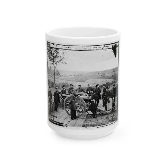 Atlanta, Ga. Gen. William T. Sherman, Leaning On Breach Of Gun, And Staff At Federal Fort No. 7 (U.S. Civil War) White Coffee Mug 15oz - Go Mug Yourself