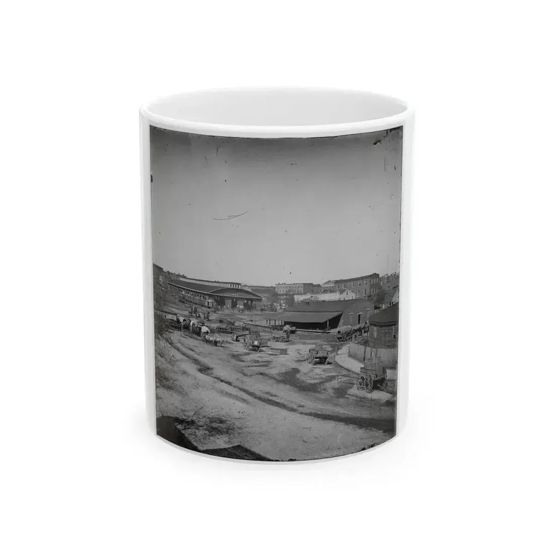 Atlanta, Ga. Railroad Depot And Yard; Trout House And Masonic Hall In Background (U.S. Civil War) White Coffee Mug 11oz - Go Mug Yourself
