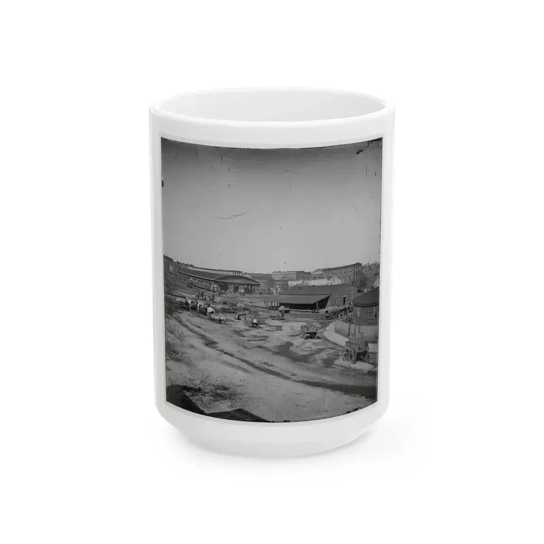 Atlanta, Ga. Railroad Depot And Yard; Trout House And Masonic Hall In Background (U.S. Civil War) White Coffee Mug 15oz - Go Mug Yourself