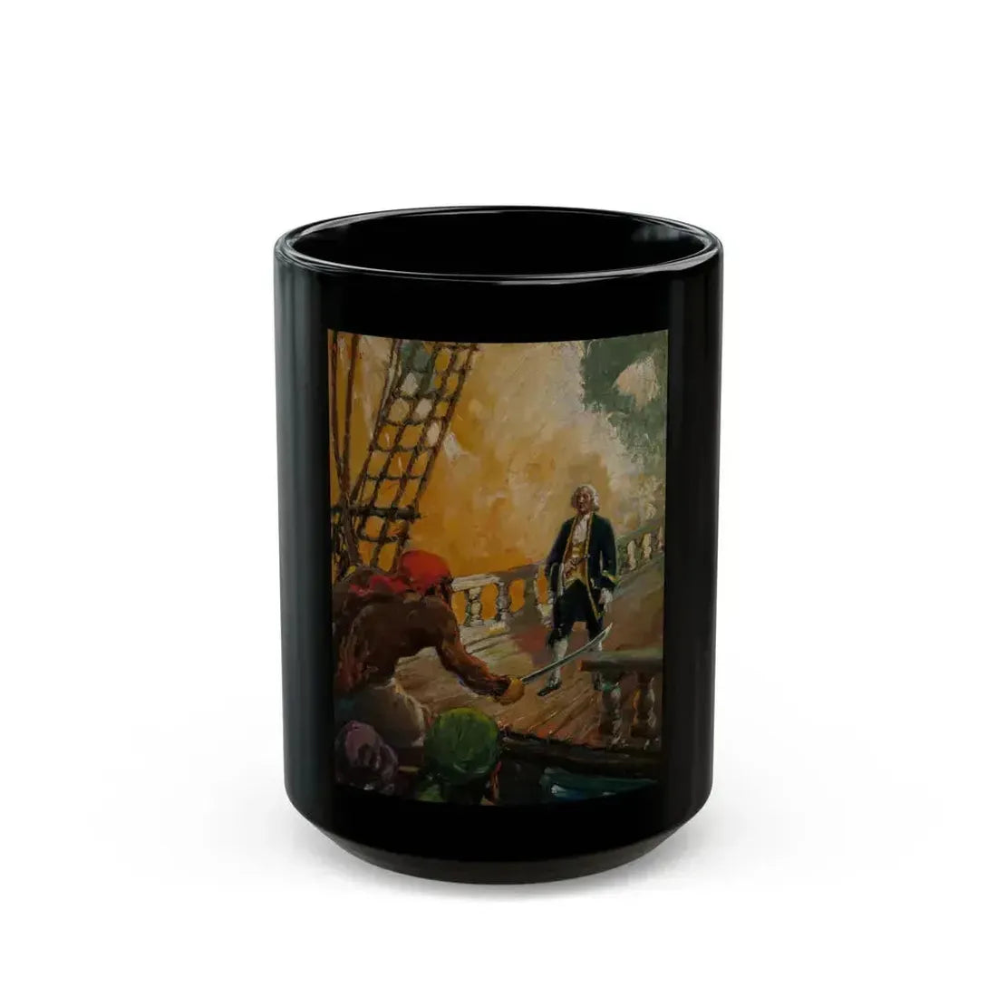 Attack on the High Seas, Treasure Island interior illustration - Black Coffee Mug 15oz - Go Mug Yourself