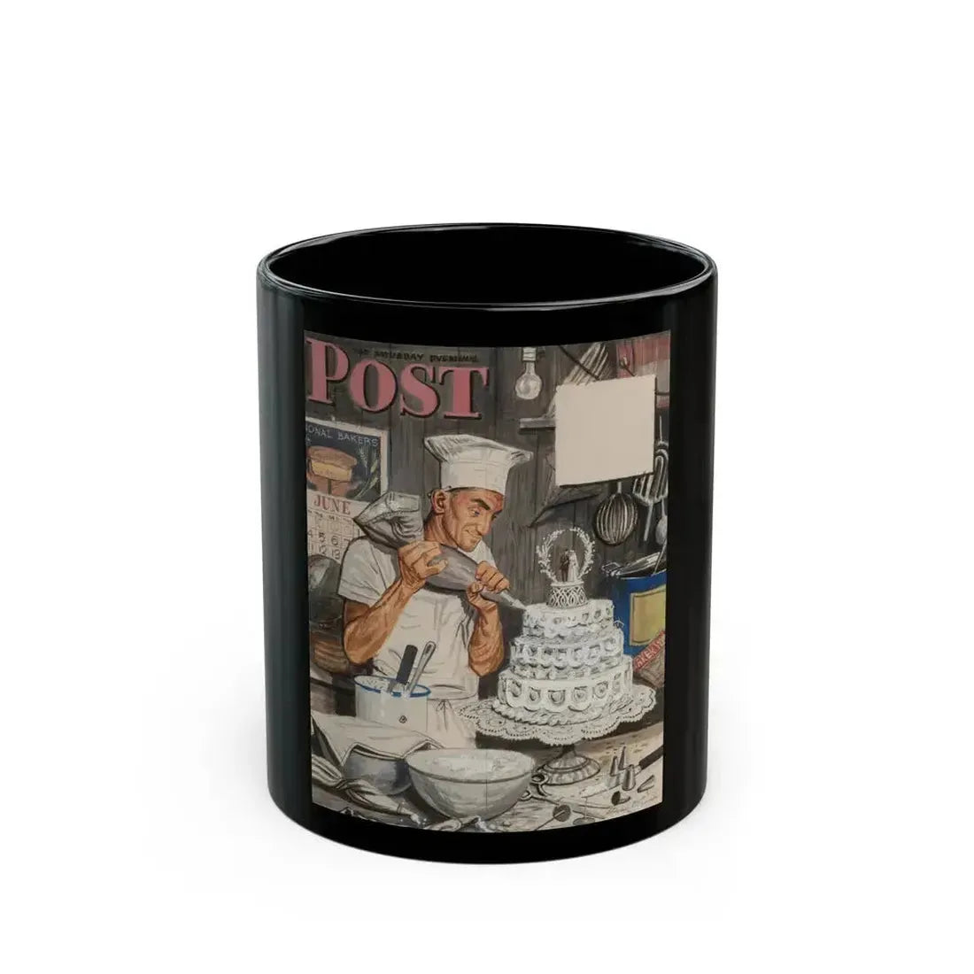 Baker Frosting Cake, The Saturday Evening Post cover study, June 16, 1945 - Black Coffee Mug 11oz - Go Mug Yourself