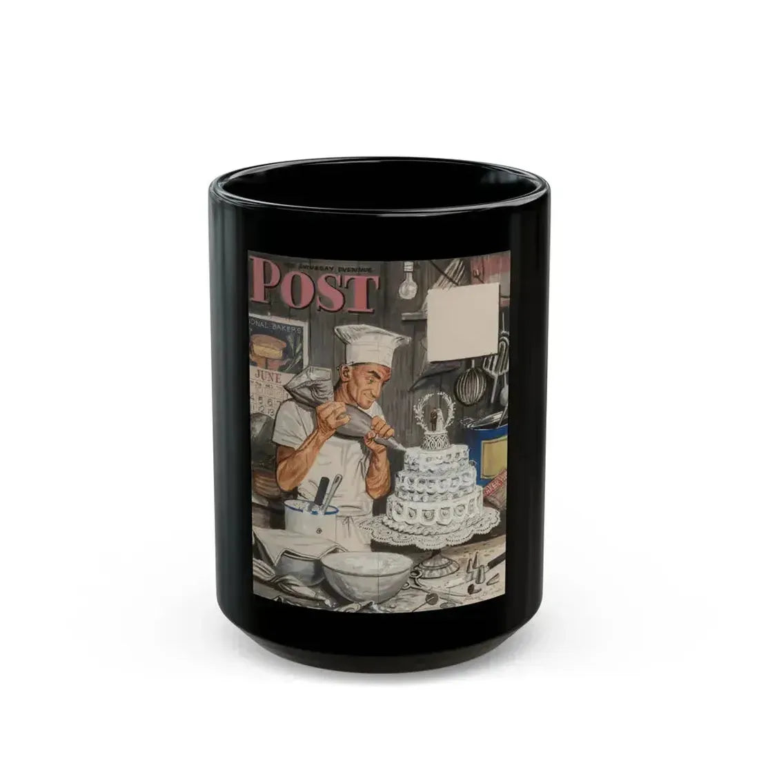 Baker Frosting Cake, The Saturday Evening Post cover study, June 16, 1945 - Black Coffee Mug 15oz - Go Mug Yourself
