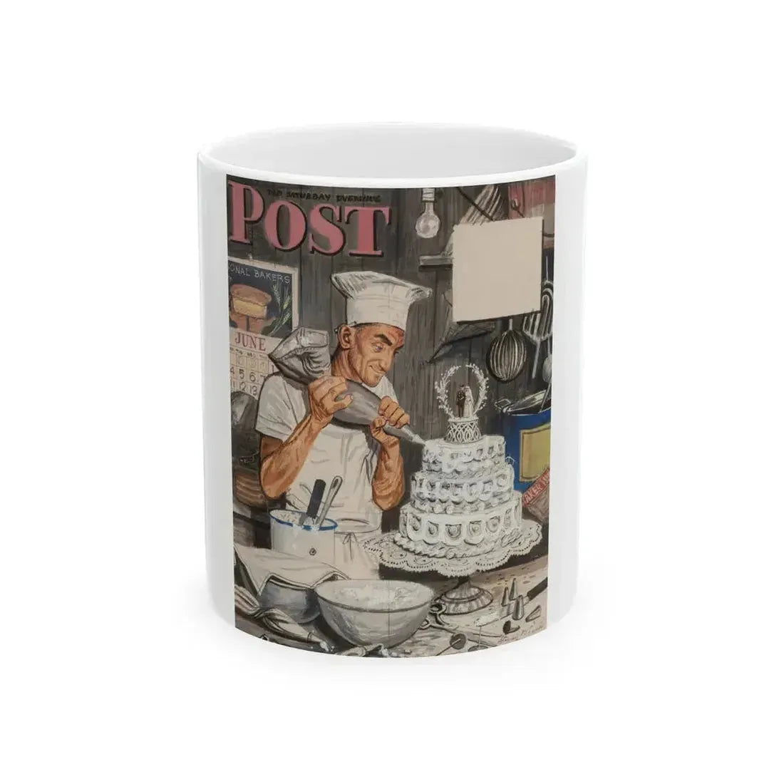 Baker Frosting Cake, The Saturday Evening Post cover study, June 16, 1945 - White Coffee Mug 11oz - Go Mug Yourself