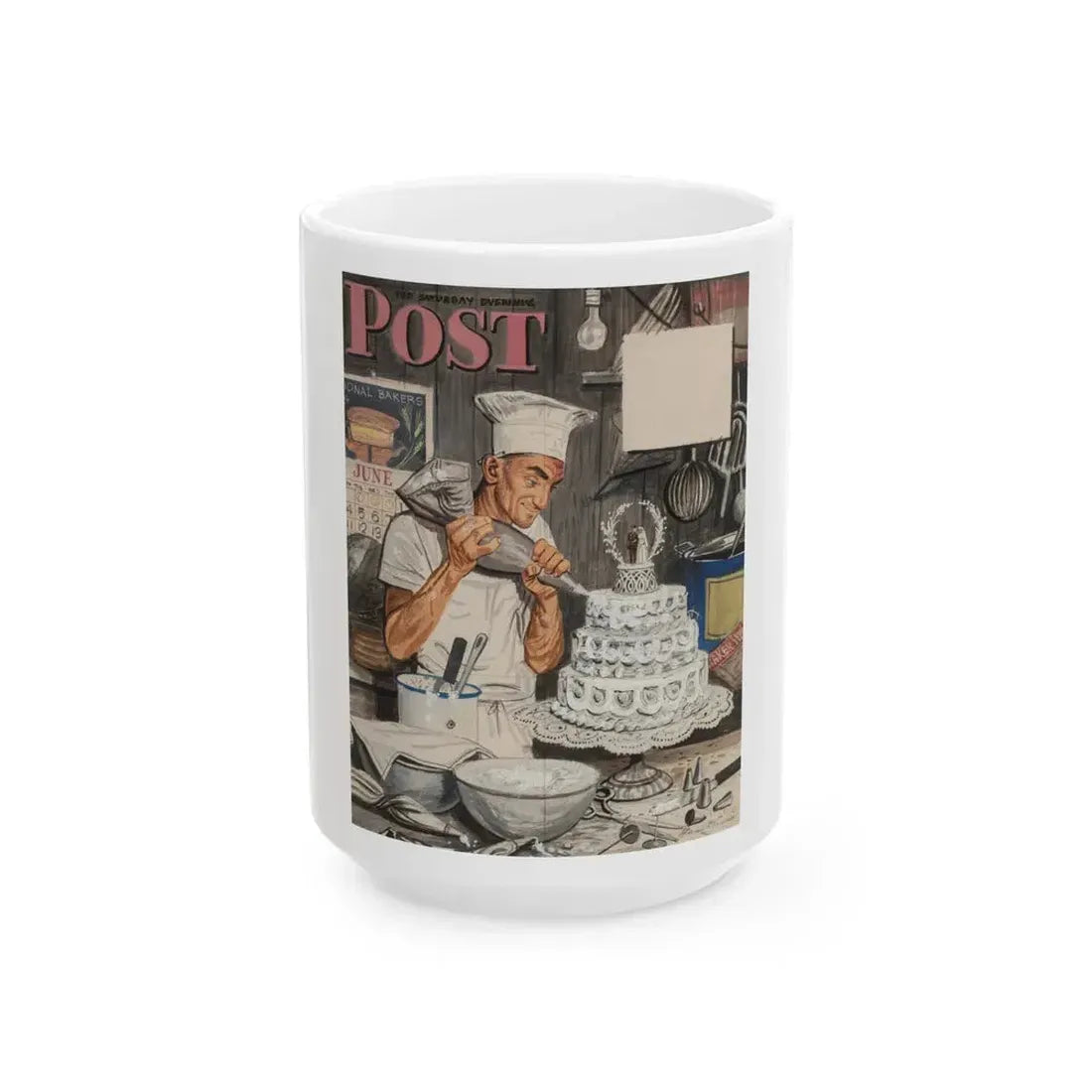 Baker Frosting Cake, The Saturday Evening Post cover study, June 16, 1945 - White Coffee Mug 15oz - Go Mug Yourself