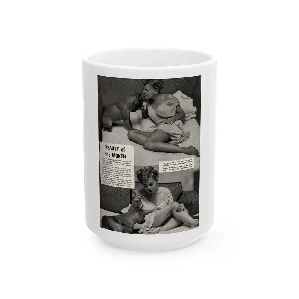 Barbara Nichols #324 - Page 2 of 7 with, 2 B&W Photos from American Beauties Mag. Fall '53 (Vintage Female Icon) White Coffee Mug 15oz - Go Mug Yourself