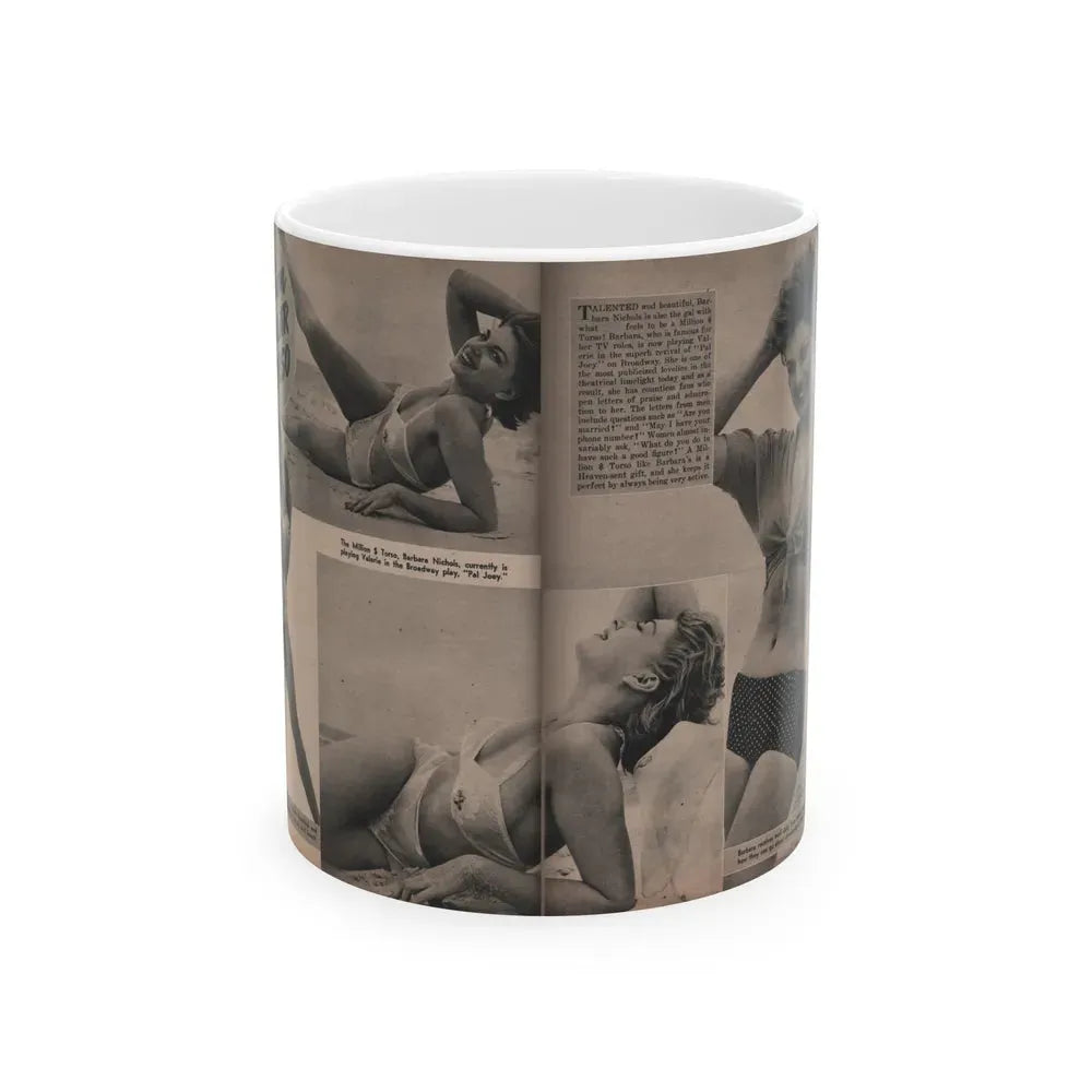 Barbara Nichols #392 - Pages 2 of 2 with, 4 B&W Photos, 1 Caption & Small Article from LAFF annual Mag. Fall '53 (Vintage Female Icon) White Coffee Mug 11oz - Go Mug Yourself