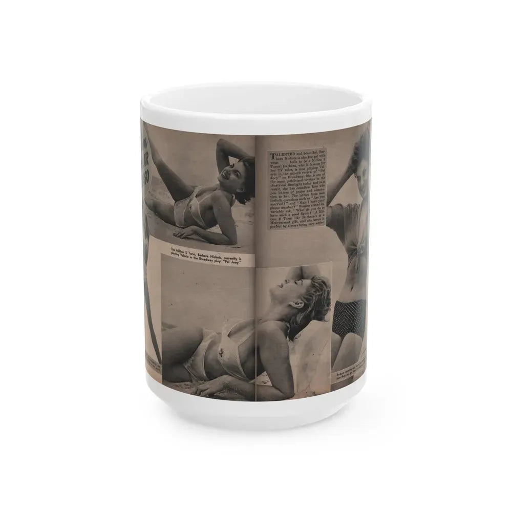 Barbara Nichols #392 - Pages 2 of 2 with, 4 B&W Photos, 1 Caption & Small Article from LAFF annual Mag. Fall '53 (Vintage Female Icon) White Coffee Mug 15oz - Go Mug Yourself