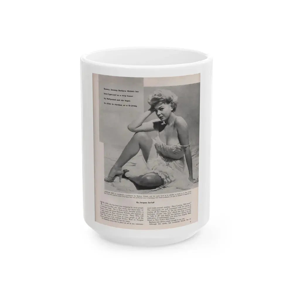 Barbara Nichols #405 - 1 Page, 1 B&W Photo & Article from Modern Man Mag. Sept. '56 (Vintage Female Icon) White Coffee Mug 15oz - Go Mug Yourself