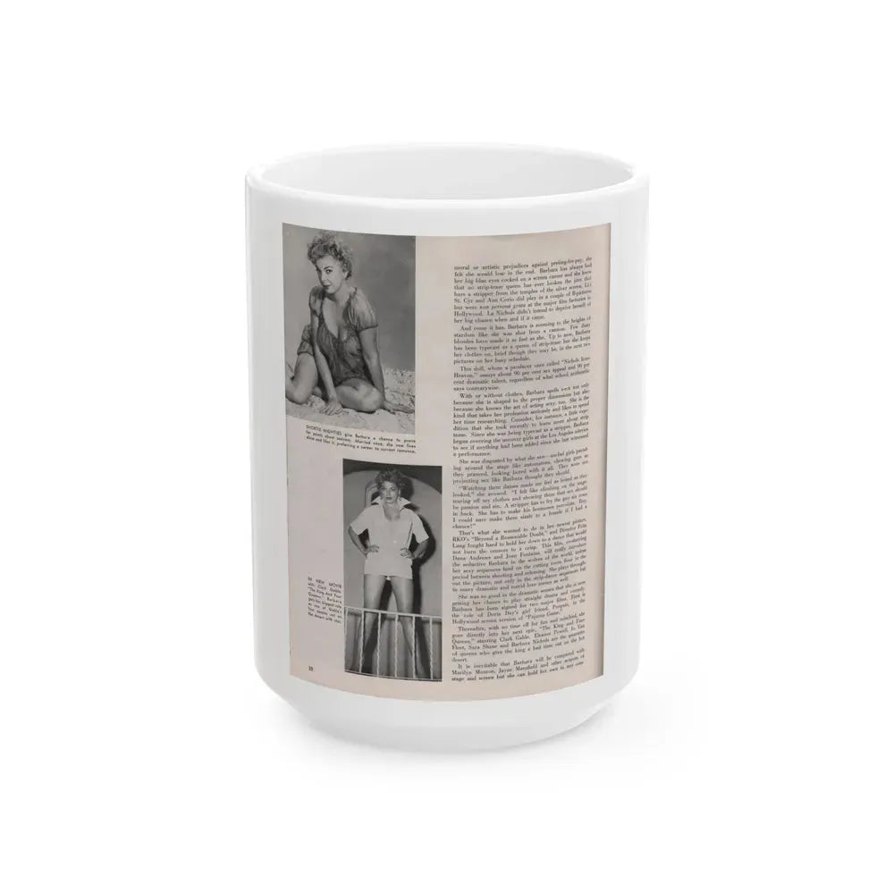 Barbara Nichols #406 - 1 Page, 2 B&W Photos & Article Continued from Modern Man Mag. Sept. '56 (Vintage Female Icon) White Coffee Mug 15oz - Go Mug Yourself