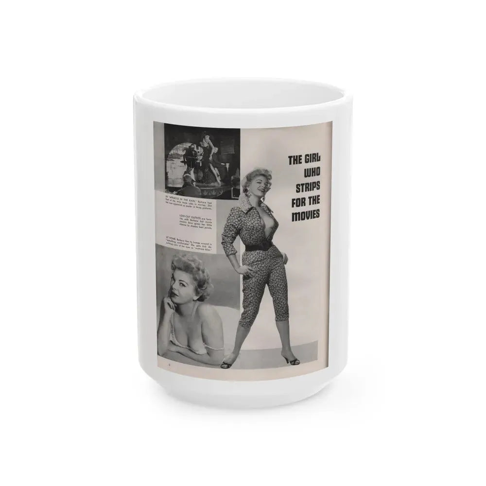Barbara Nichols #407 - 1 Page, 3 B&W Photos & Captions from Modern Man Mag. Sept. '56 (Vintage Female Icon) White Coffee Mug 15oz - Go Mug Yourself