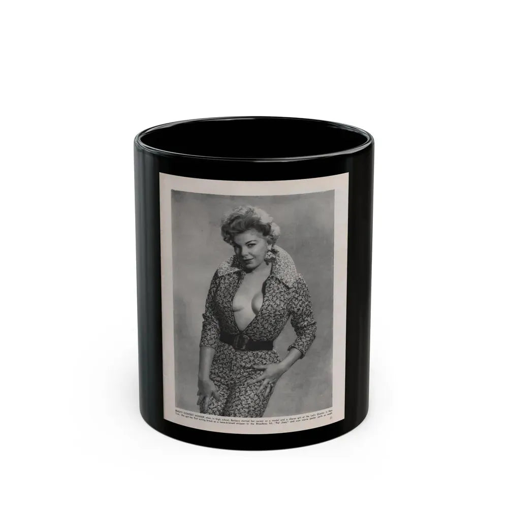 Barbara Nichols #408 - 1 Page, 2 B&W Photos & Article Continued from Modern Man Mag. Sept. '56 (Vintage Female Icon) Black Coffee Mug 11oz - Go Mug Yourself