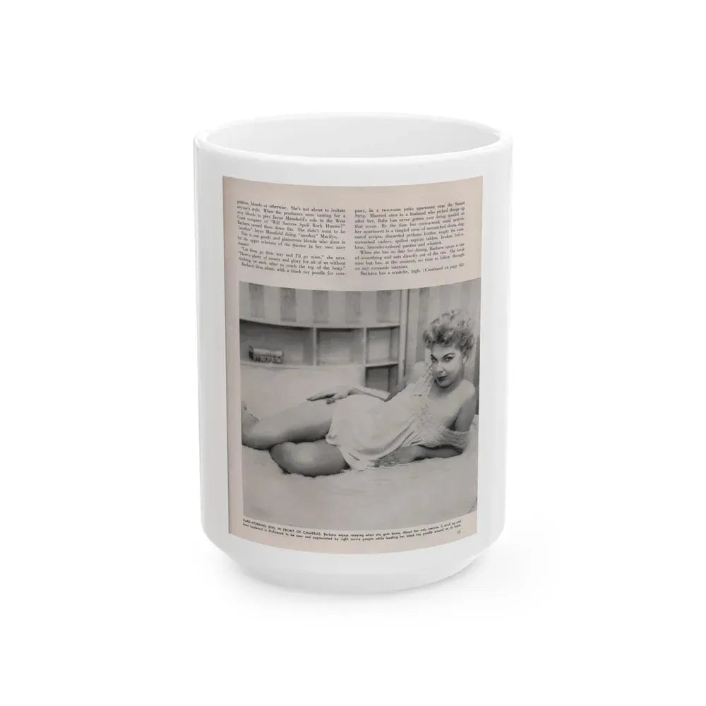 Barbara Nichols #410 - 1 Page, 1 B&W Photo & Article Continued from Modern Man Mag. Sept. '56 (Vintage Female Icon) White Coffee Mug 15oz - Go Mug Yourself