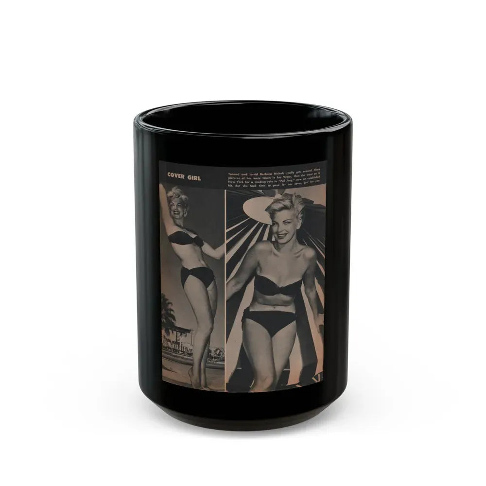 Barbara Nichols #433 - Page 1 of 1 with, 2 B&W Photos & Short Paragraph from GALA Magazine January '53 (Vintage Female Icon) Black Coffee Mug 15oz - Go Mug Yourself