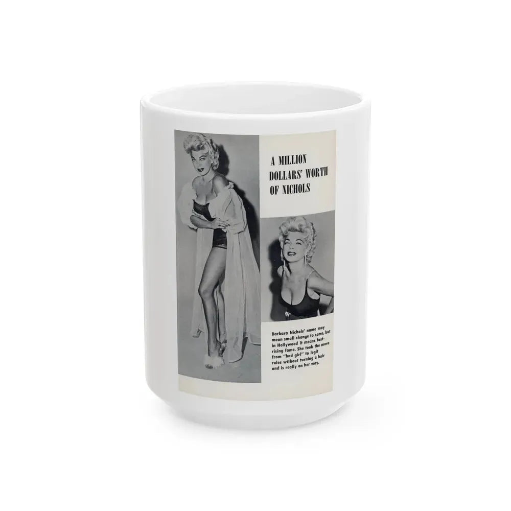 Barbara Nichols #489 - Page 1 of 2 with, 2 B&W Photos & Caption from picture DIGEST Mag. April '57 (Vintage Female Icon) White Coffee Mug 15oz - Go Mug Yourself