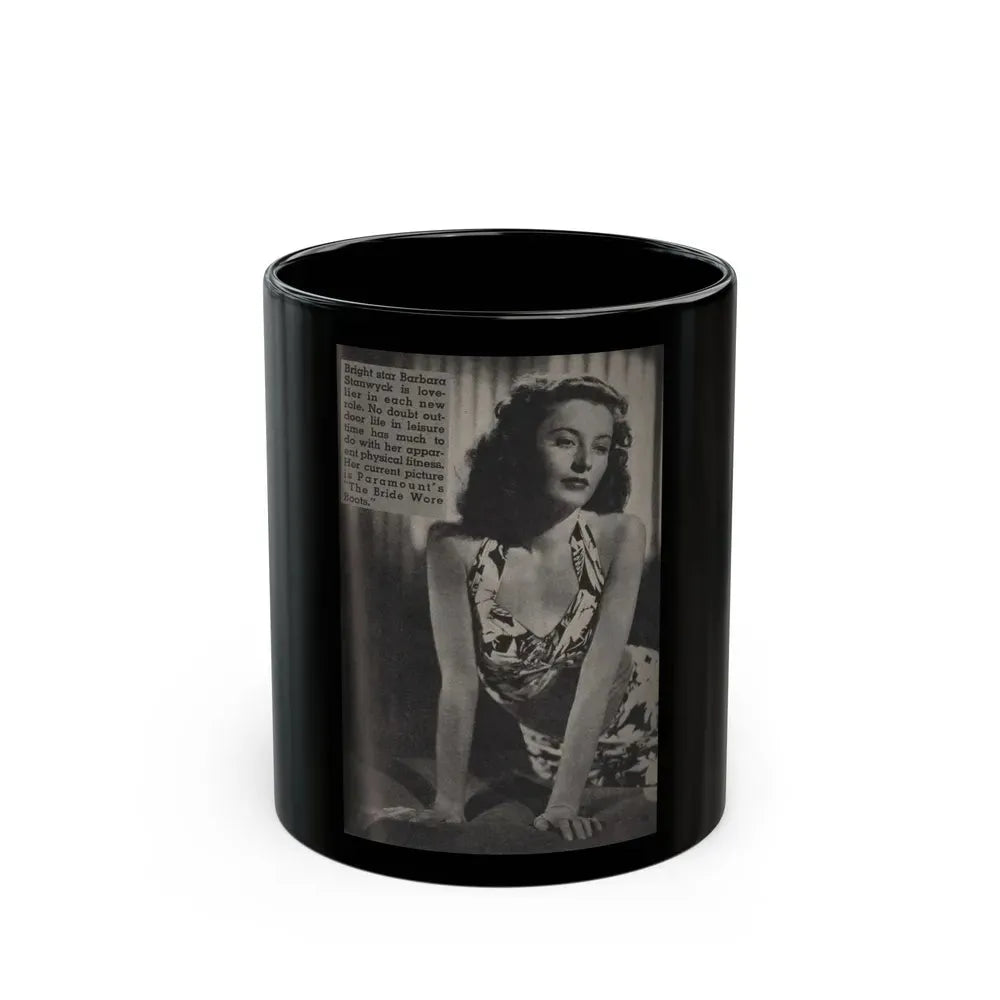 Barbara Stanwyck #162 - Physical Culture Pocket Mag. '46 - 1 B&W Photo (Vintage Female Icon) Black Coffee Mug 11oz - Go Mug Yourself