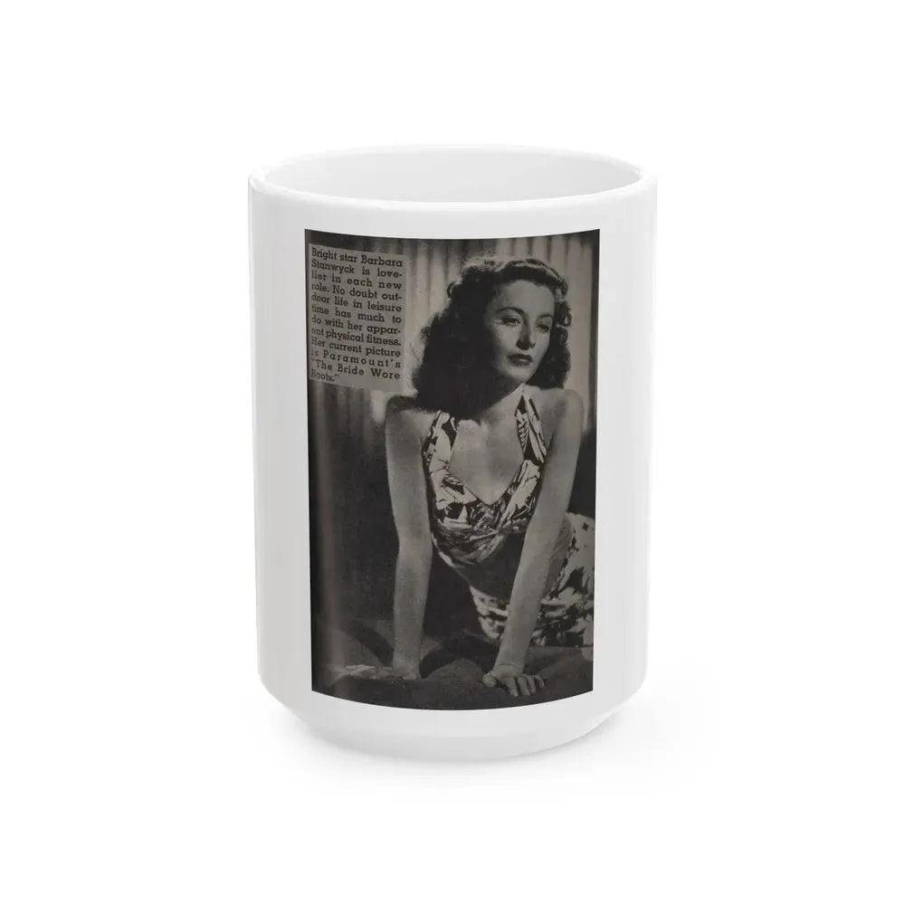 Barbara Stanwyck #162 - Physical Culture Pocket Mag. '46 - 1 B&W Photo (Vintage Female Icon) White Coffee Mug 15oz - Go Mug Yourself