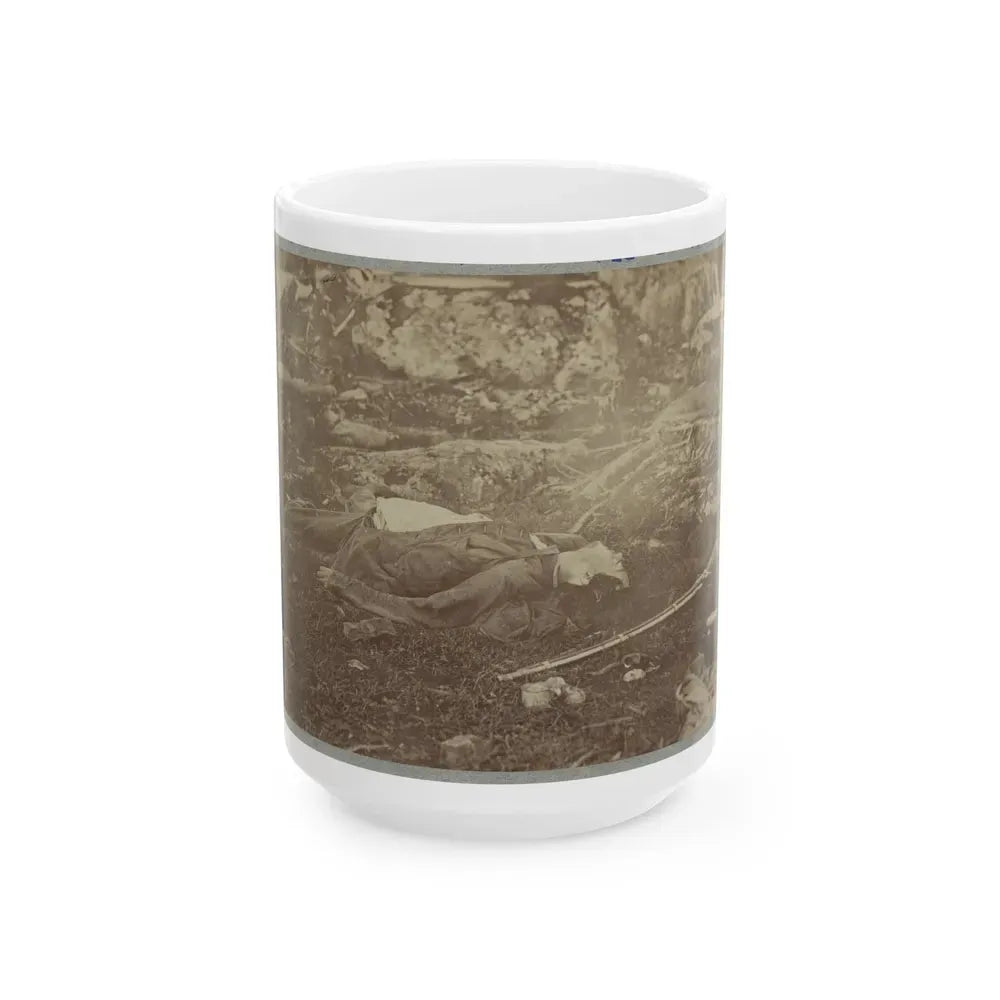 Battlefield Of Gettysburg. Dead Confederate Sharpshooter At Foot Of Little Round Top (U.S. Civil War) White Coffee Mug 15oz - Go Mug Yourself