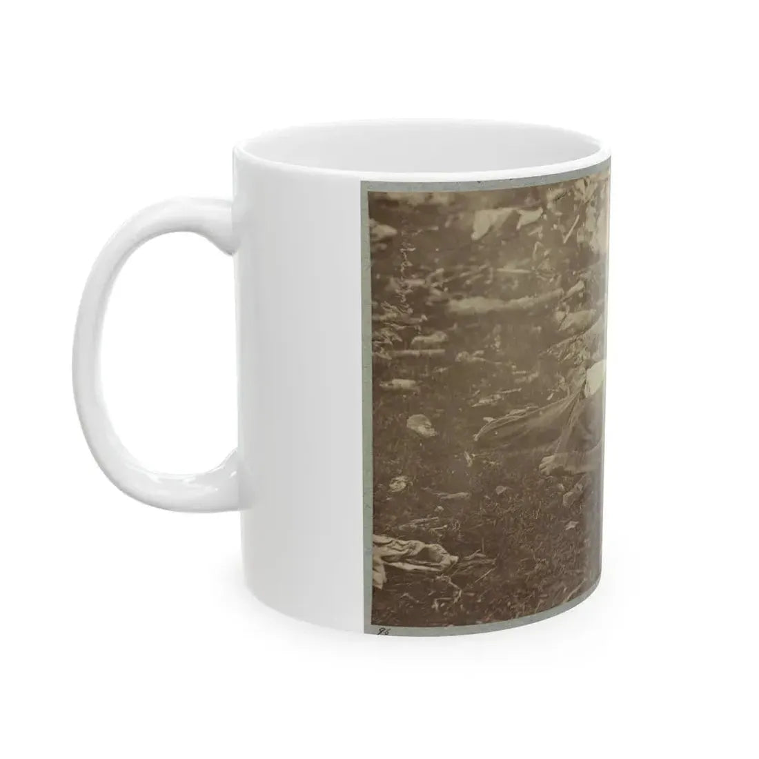Battlefield Of Gettysburg. Dead Confederate Sharpshooter At Foot Of Little Round Top (U.S. Civil War) White Coffee Mug - Go Mug Yourself