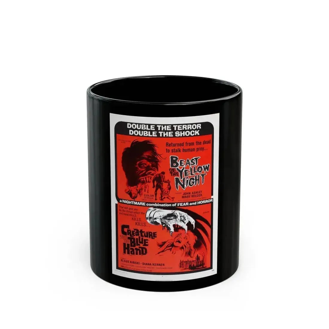 BEAST OF THE YELLOW NIGHT & CREATURE WITH THE BLUE HAND 1971 Movie Poster - Black Coffee Mug 11oz - Go Mug Yourself