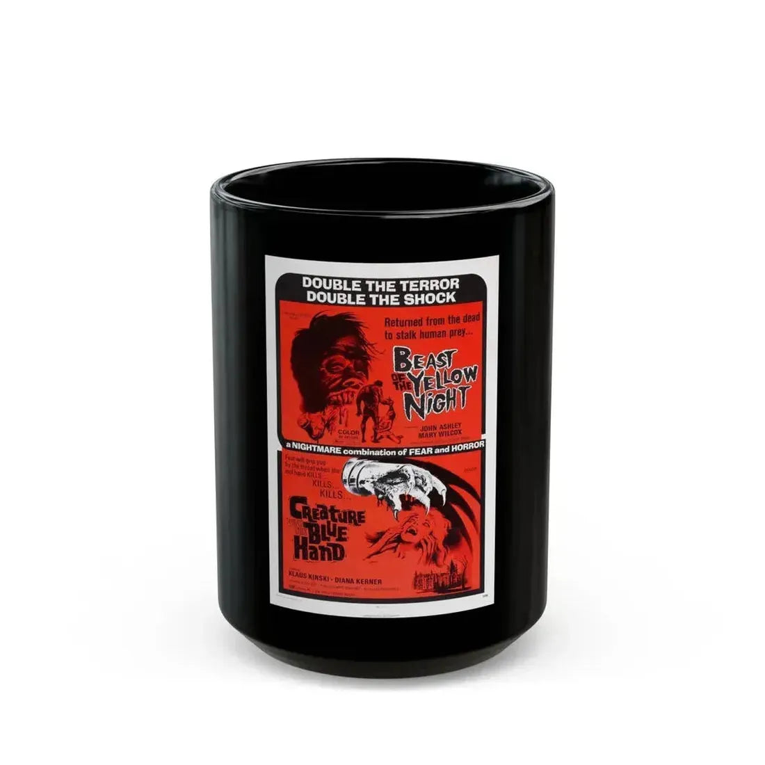 BEAST OF THE YELLOW NIGHT & CREATURE WITH THE BLUE HAND 1971 Movie Poster - Black Coffee Mug 15oz - Go Mug Yourself