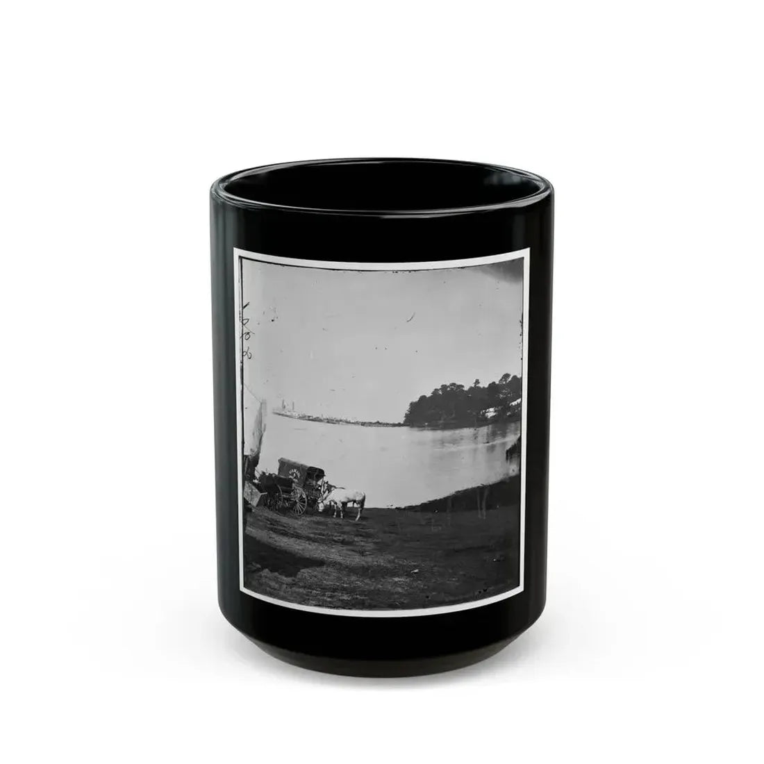 Belle Plain Landing, Virginia. Distance View Of Belle Plain Landing On The James River. (U.S. Mail Wagon 2nd Corps In Foreground) (U.S. Civil War) Black Coffee Mug 15oz - Go Mug Yourself