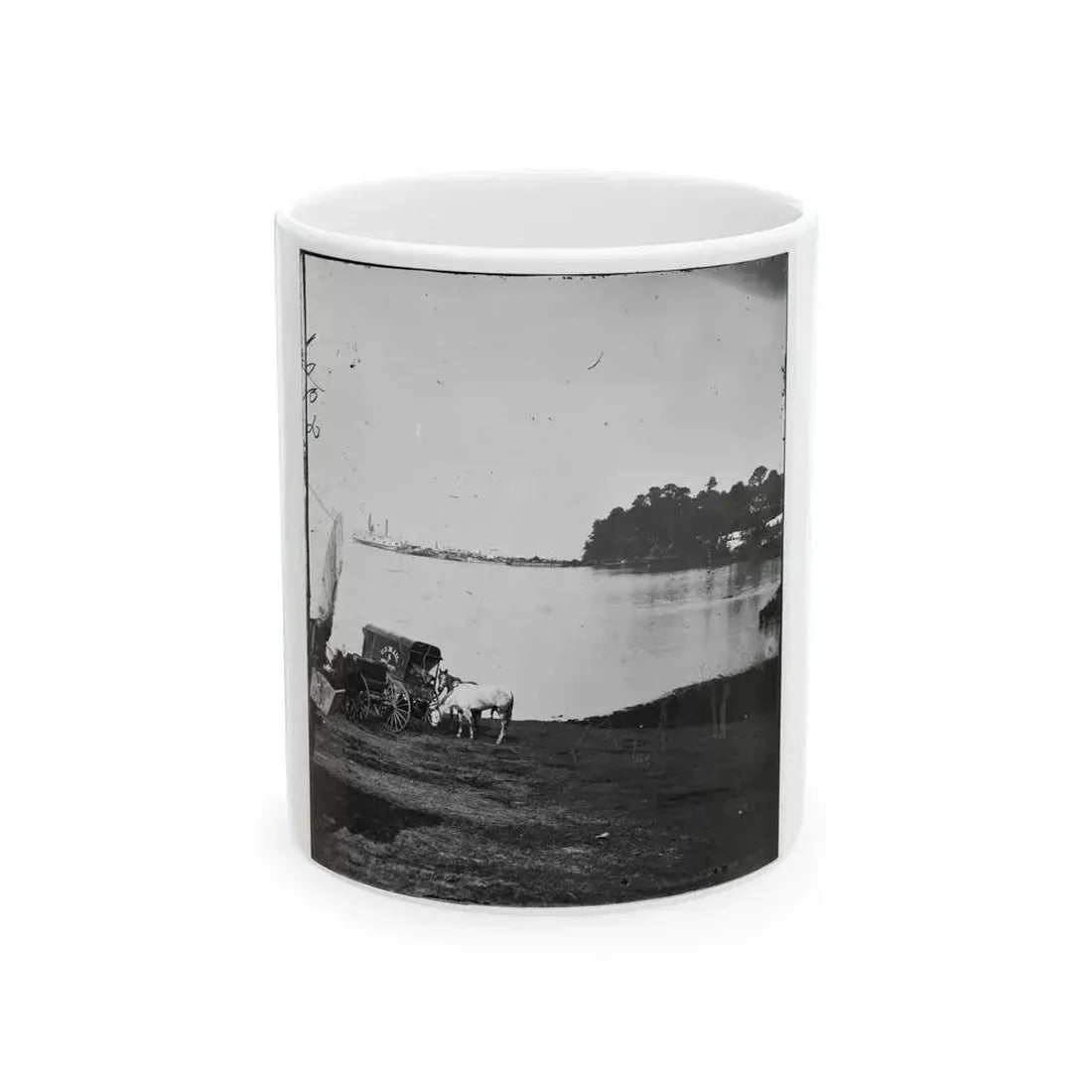 Belle Plain Landing, Virginia. Distance View Of Belle Plain Landing On The James River. (U.S. Mail Wagon 2nd Corps In Foreground) (U.S. Civil War) White Coffee Mug 11oz - Go Mug Yourself