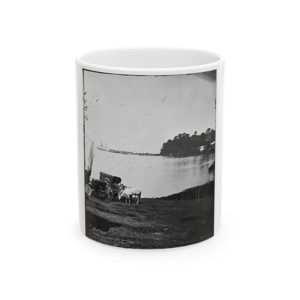 Belle Plain Landing, Virginia. Distance View Of Belle Plain Landing On The James River. (U.S. Mail Wagon 2nd Corps In Foreground) (U.S. Civil War) White Coffee Mug-11oz-Go Mug Yourself
