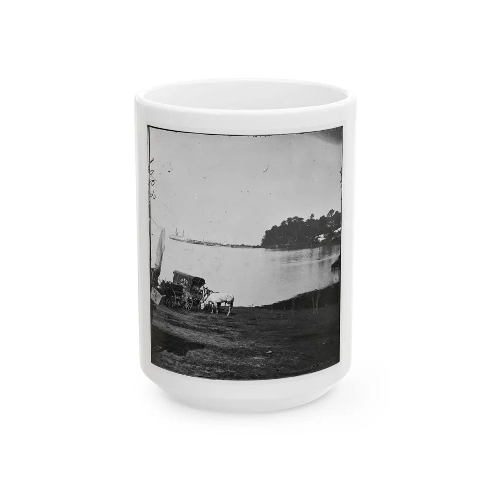 Belle Plain Landing, Virginia. Distance View Of Belle Plain Landing On The James River. (U.S. Mail Wagon 2nd Corps In Foreground) (U.S. Civil War) White Coffee Mug-15oz-Go Mug Yourself