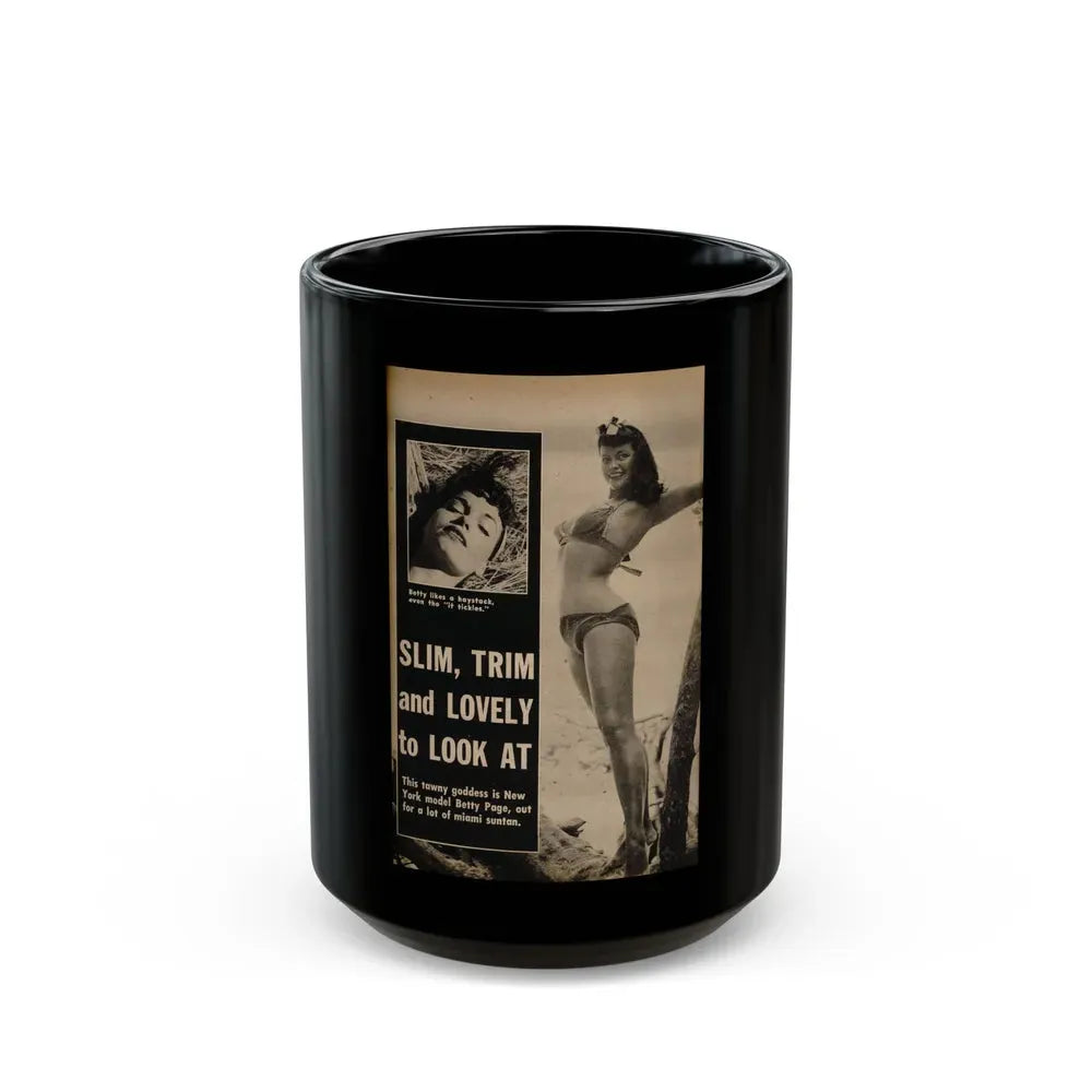Bettie Page #1058 - 2 B&W Photos & Captions from Foto-rama Digest Mag. March '56 (Vintage Female Icon) Black Coffee Mug 15oz - Go Mug Yourself