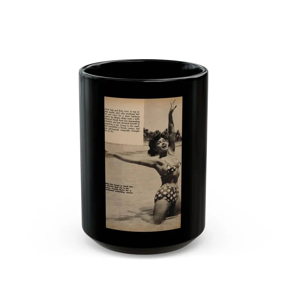 Bettie Page #1060 - 1 B&W Photo, Caption & Short Article End from Foto-rama Digest Mag. March '56 (Vintage Female Icon) Black Coffee Mug 15oz - Go Mug Yourself