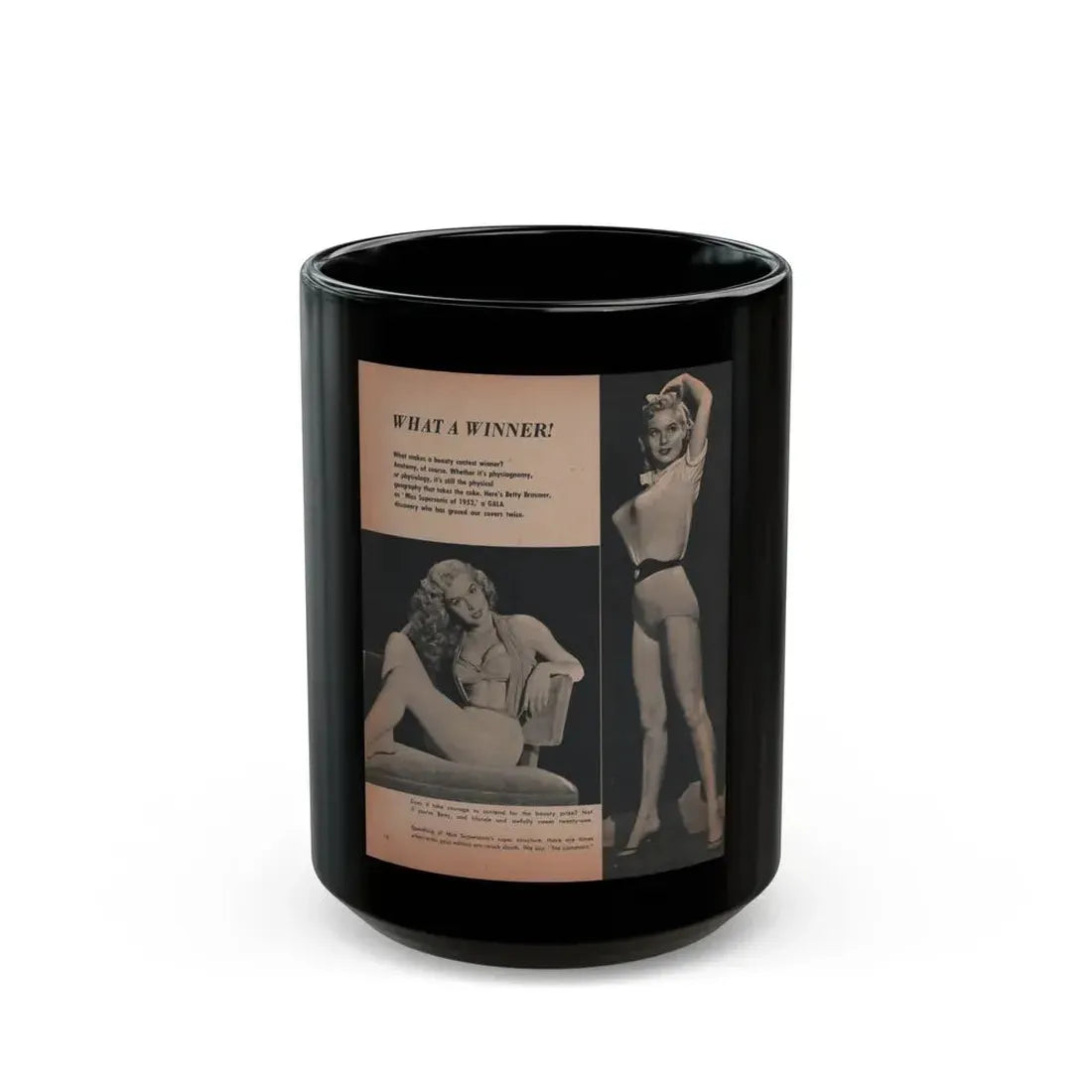 Betty Brosmer #166 - Gala Mag. Jan. '53 - 2 B&W Photos & Captions (Vintage Female Icon) Black Coffee Mug 15oz - Go Mug Yourself