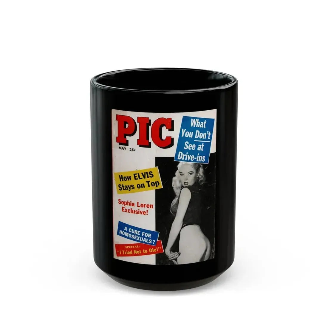Betty Brosmer #235 - Betty on Cover of PIC Digest Mag. May '57 (Vintage Female Icon) Black Coffee Mug 15oz - Go Mug Yourself