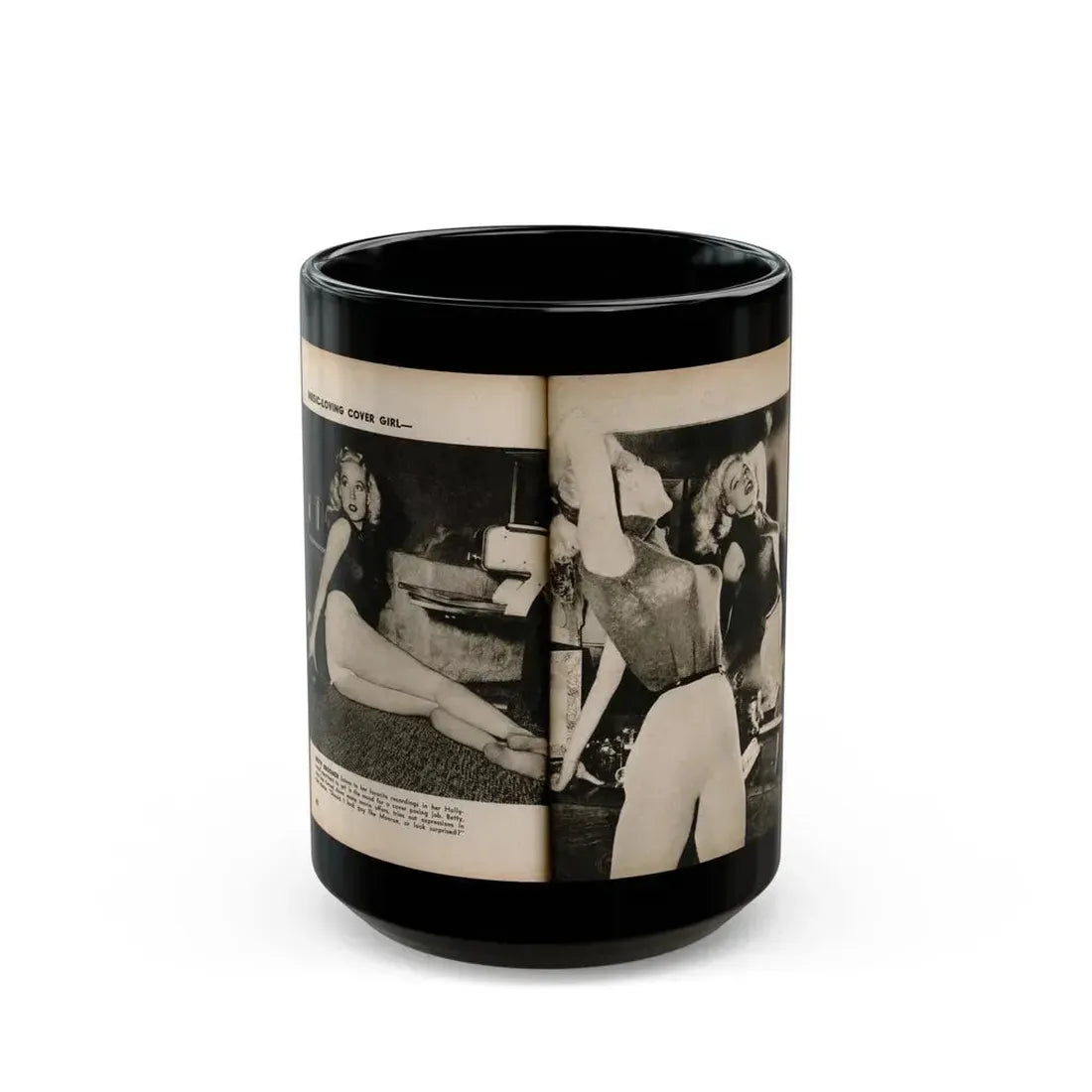 Betty Brosmer #237 - 2 Pages, 2 B&W Photos & Caption from PIC Digest Mag. May '57 (Vintage Female Icon) Black Coffee Mug 15oz - Go Mug Yourself