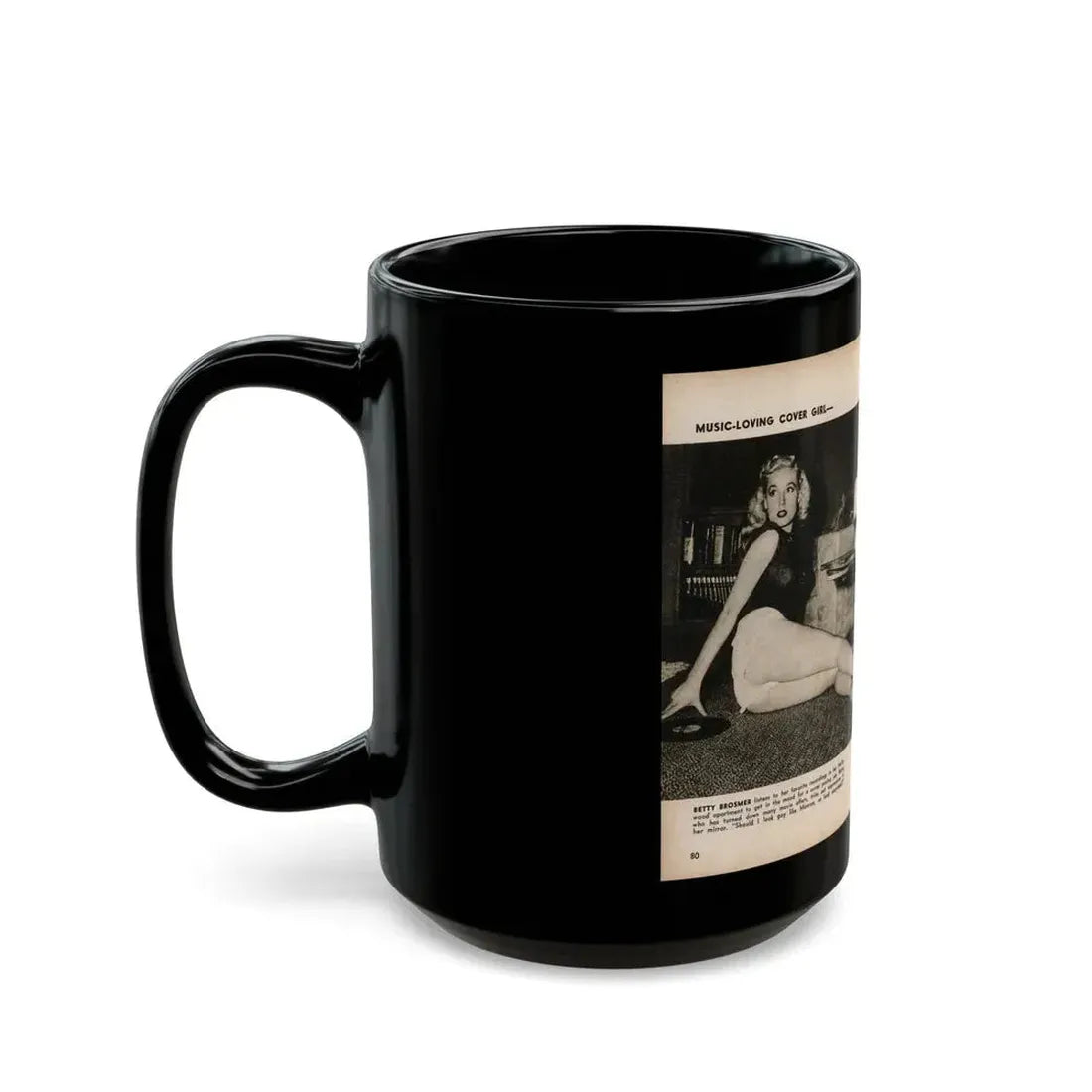 Betty Brosmer #237 - 2 Pages, 2 B&W Photos & Caption from PIC Digest Mag. May '57 (Vintage Female Icon) Black Coffee Mug - Go Mug Yourself
