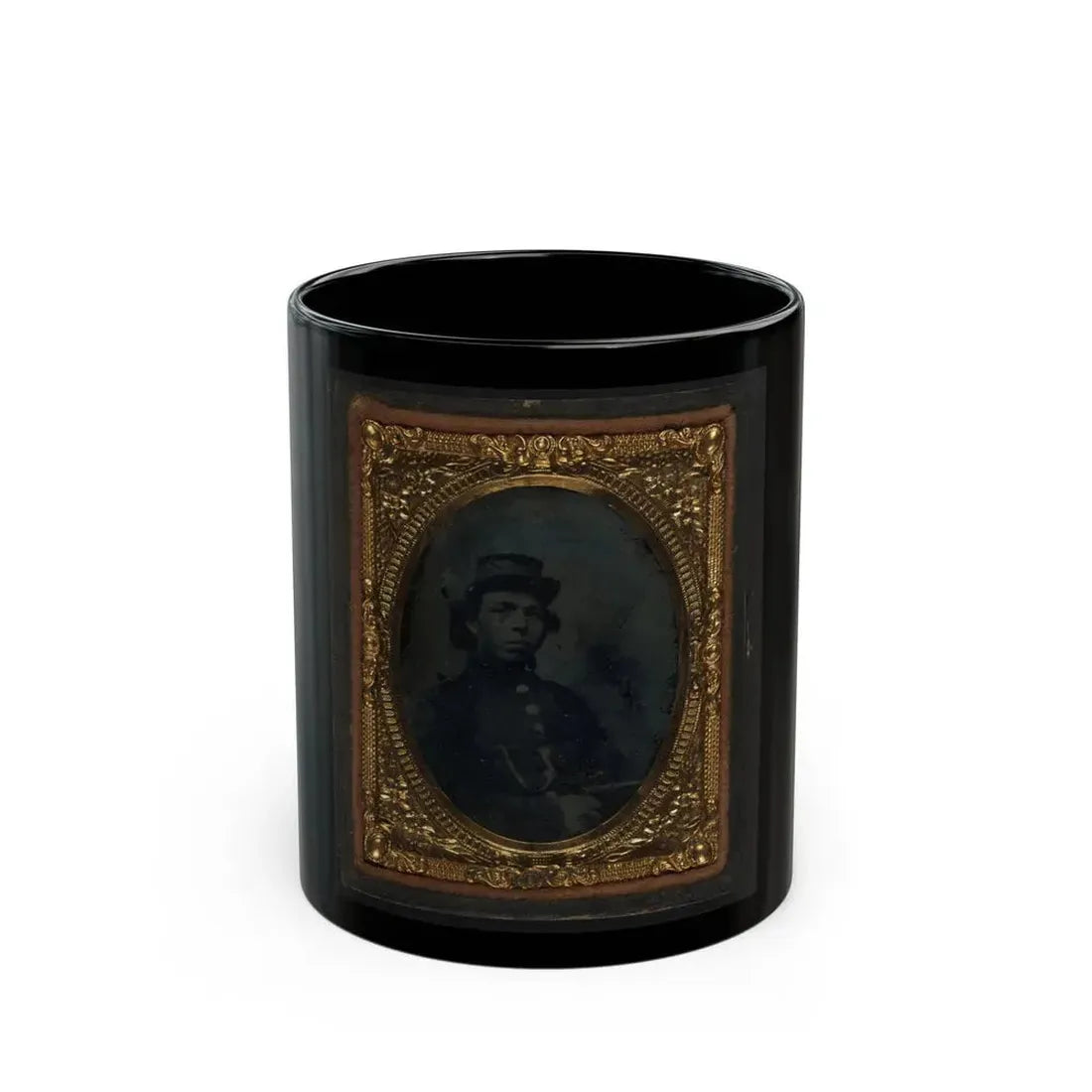 Black Soldier Seated With Pistol In Hand, Watch Chain In Pocket (U.S. Civil War) Black Coffee Mug 11oz - Go Mug Yourself