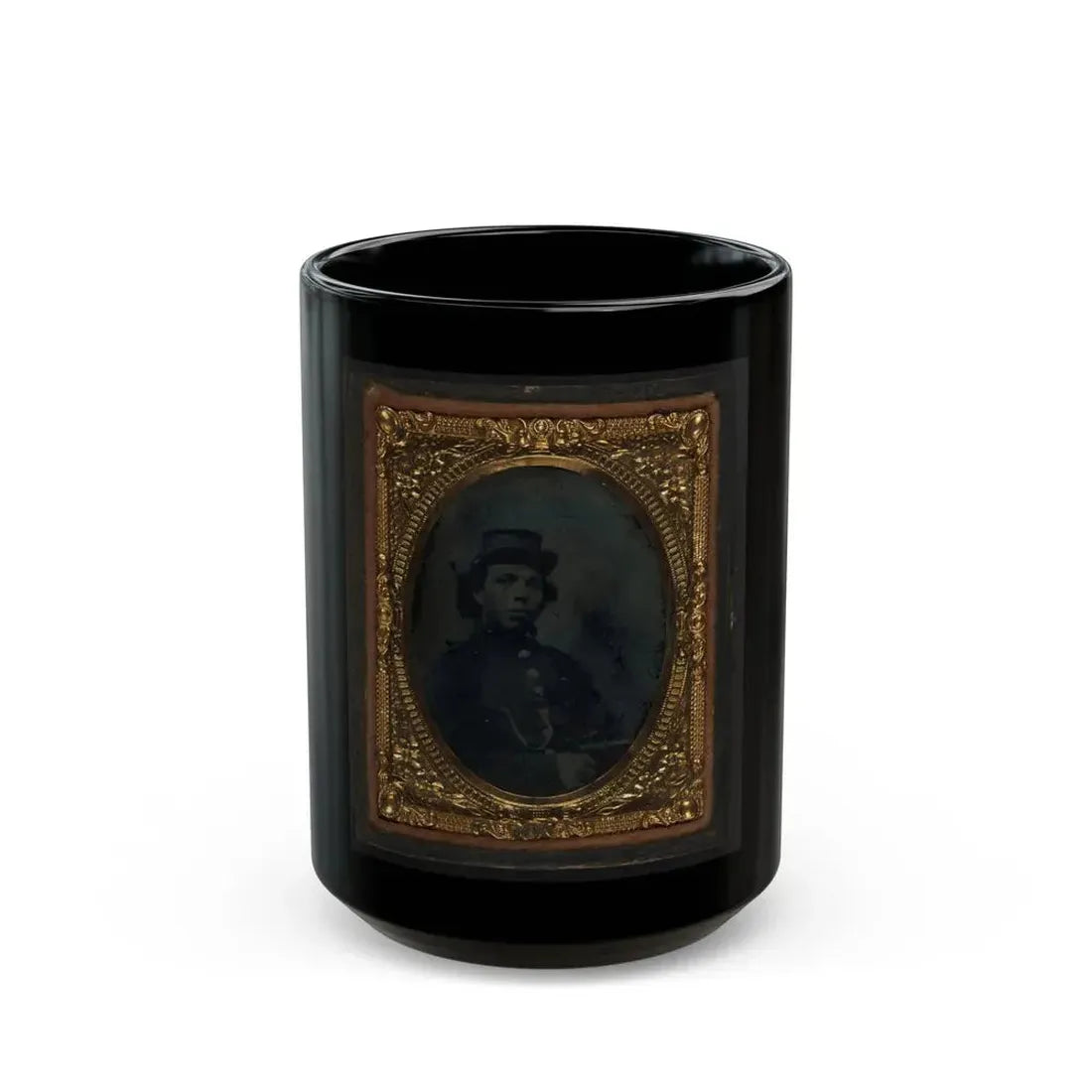 Black Soldier Seated With Pistol In Hand, Watch Chain In Pocket (U.S. Civil War) Black Coffee Mug 15oz - Go Mug Yourself