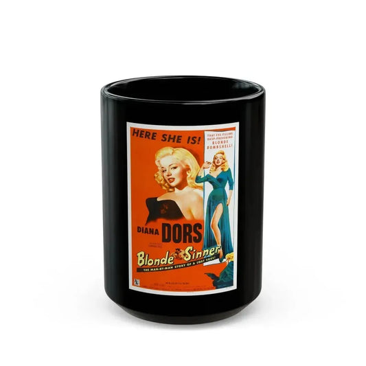 BLONDE SINNER 1956 Movie Poster - Black Coffee Mug 15oz - Go Mug Yourself