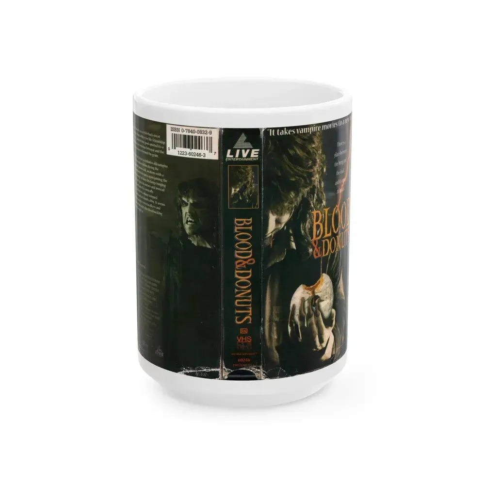 BLOOD AND DONUTS (VHS COVER) - White Coffee Mug 15oz - Go Mug Yourself