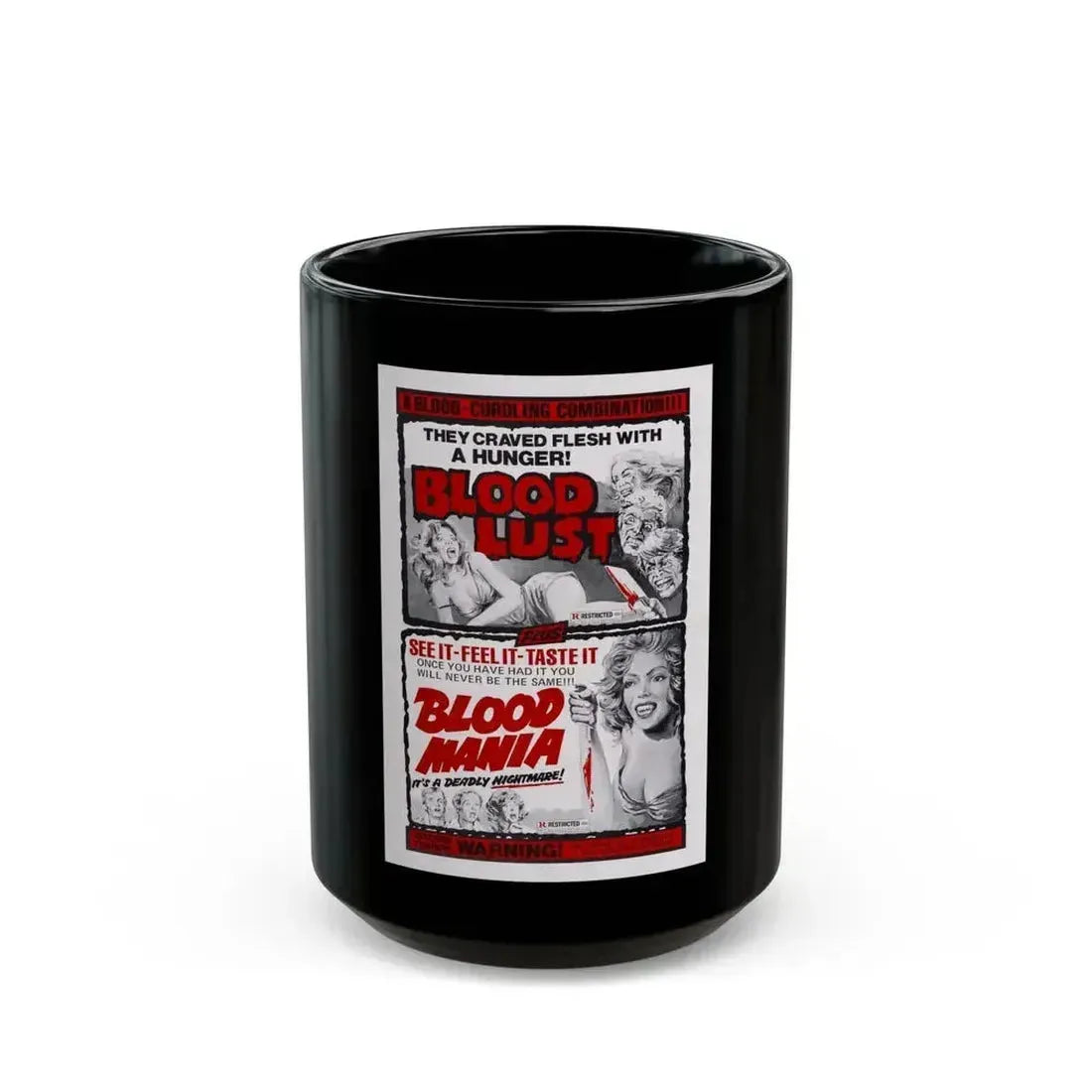 BLOOD LUST & BLOOD MANIA 1970 Movie Poster - Black Coffee Mug 15oz - Go Mug Yourself