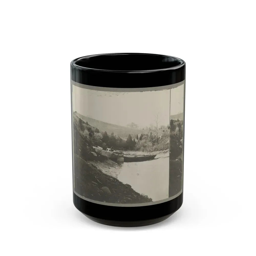 Boats Docked At The Shore Of A River In A Wooded Area (U.S. Civil War) Black Coffee Mug 15oz - Go Mug Yourself
