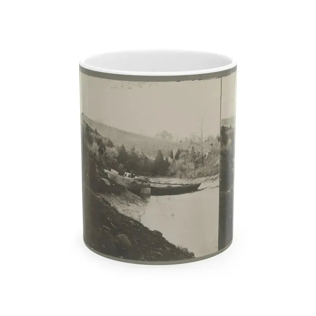 Boats Docked At The Shore Of A River In A Wooded Area (U.S. Civil War) White Coffee Mug 11oz - Go Mug Yourself