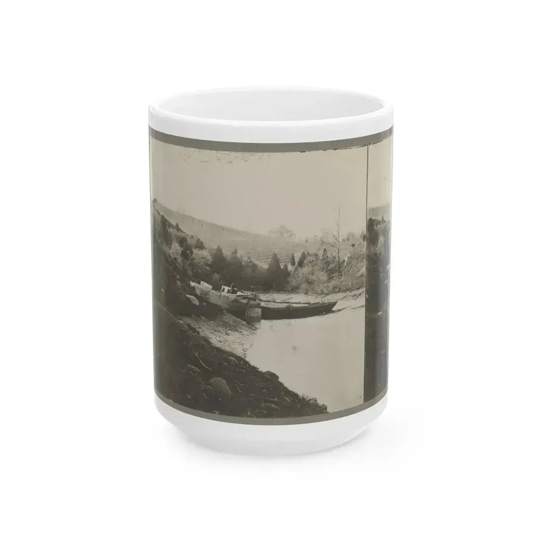 Boats Docked At The Shore Of A River In A Wooded Area (U.S. Civil War) White Coffee Mug 15oz - Go Mug Yourself