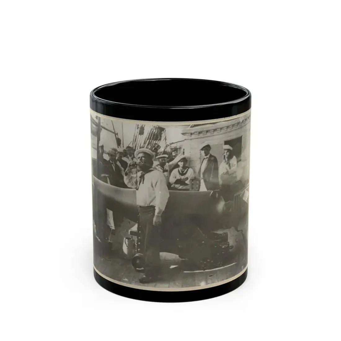 Boatswain Piping In Front Of Large Cannon On Deck Of U.S. Naval Warship; Other Sailors Standing In Background (U.S. Civil War) Black Coffee Mug 11oz - Go Mug Yourself
