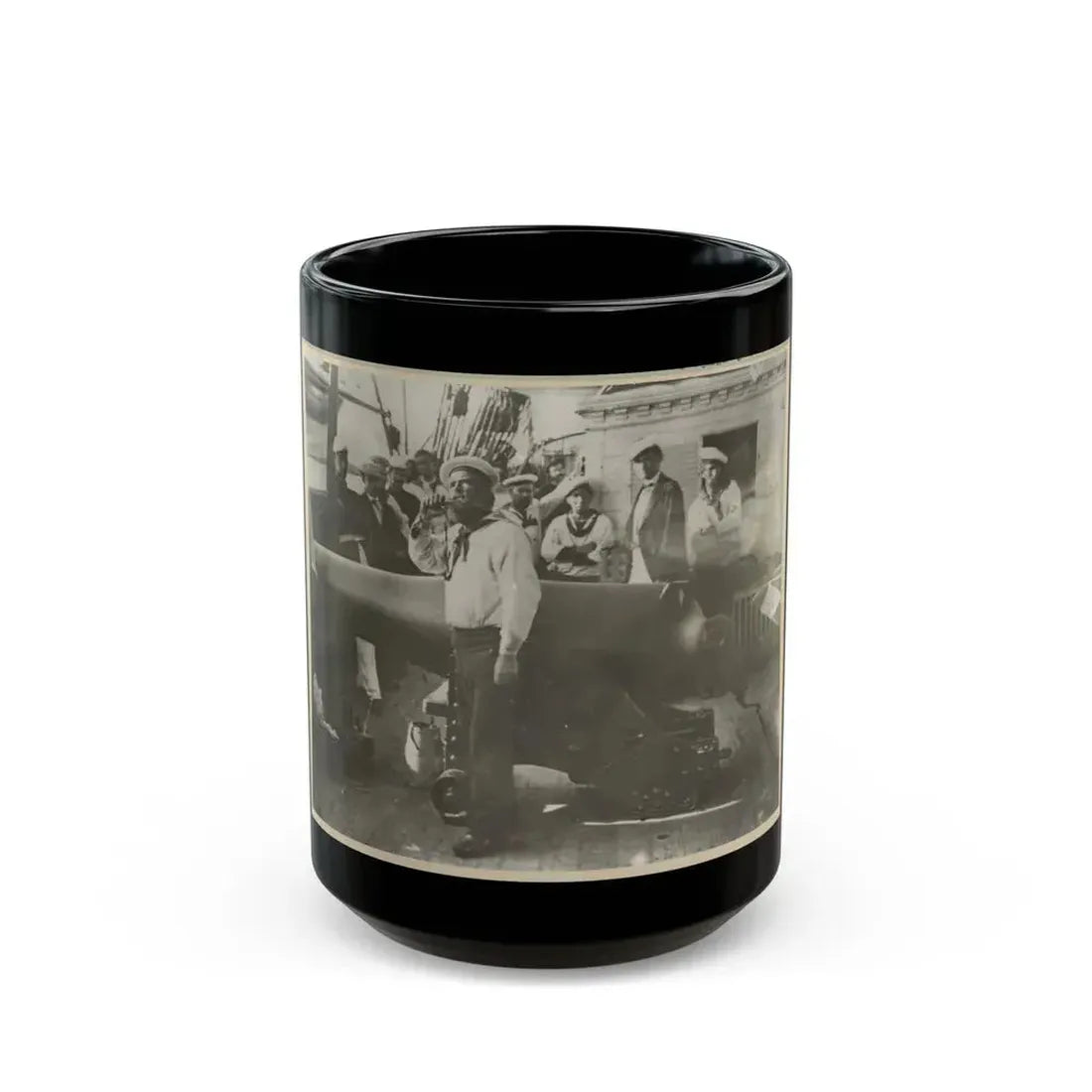 Boatswain Piping In Front Of Large Cannon On Deck Of U.S. Naval Warship; Other Sailors Standing In Background (U.S. Civil War) Black Coffee Mug 15oz - Go Mug Yourself