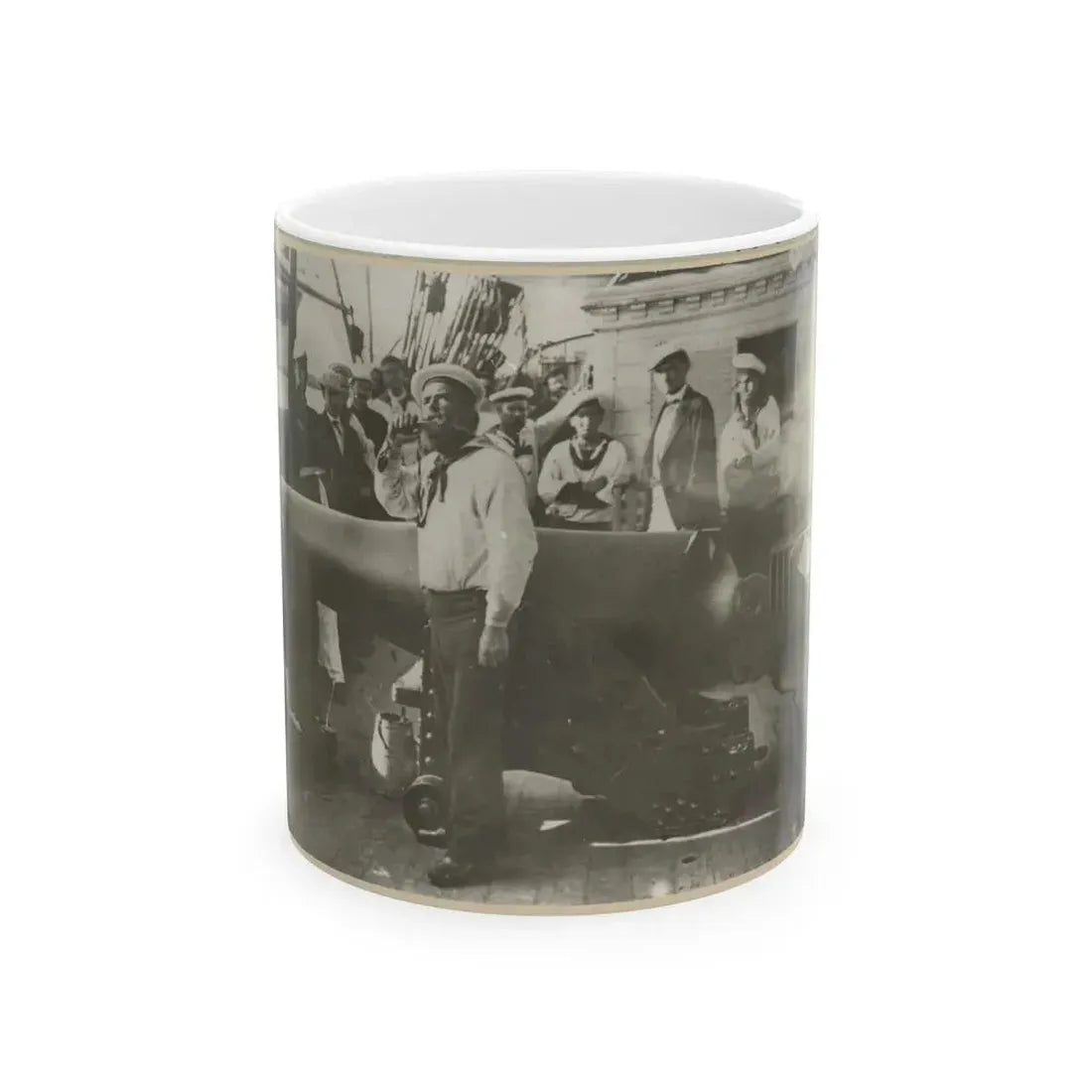 Boatswain Piping In Front Of Large Cannon On Deck Of U.S. Naval Warship; Other Sailors Standing In Background (U.S. Civil War) White Coffee Mug 11oz - Go Mug Yourself