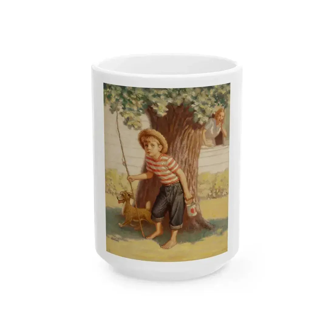 Boy and Dog Try to Sneak Away to Fish - White Coffee Mug 15oz - Go Mug Yourself