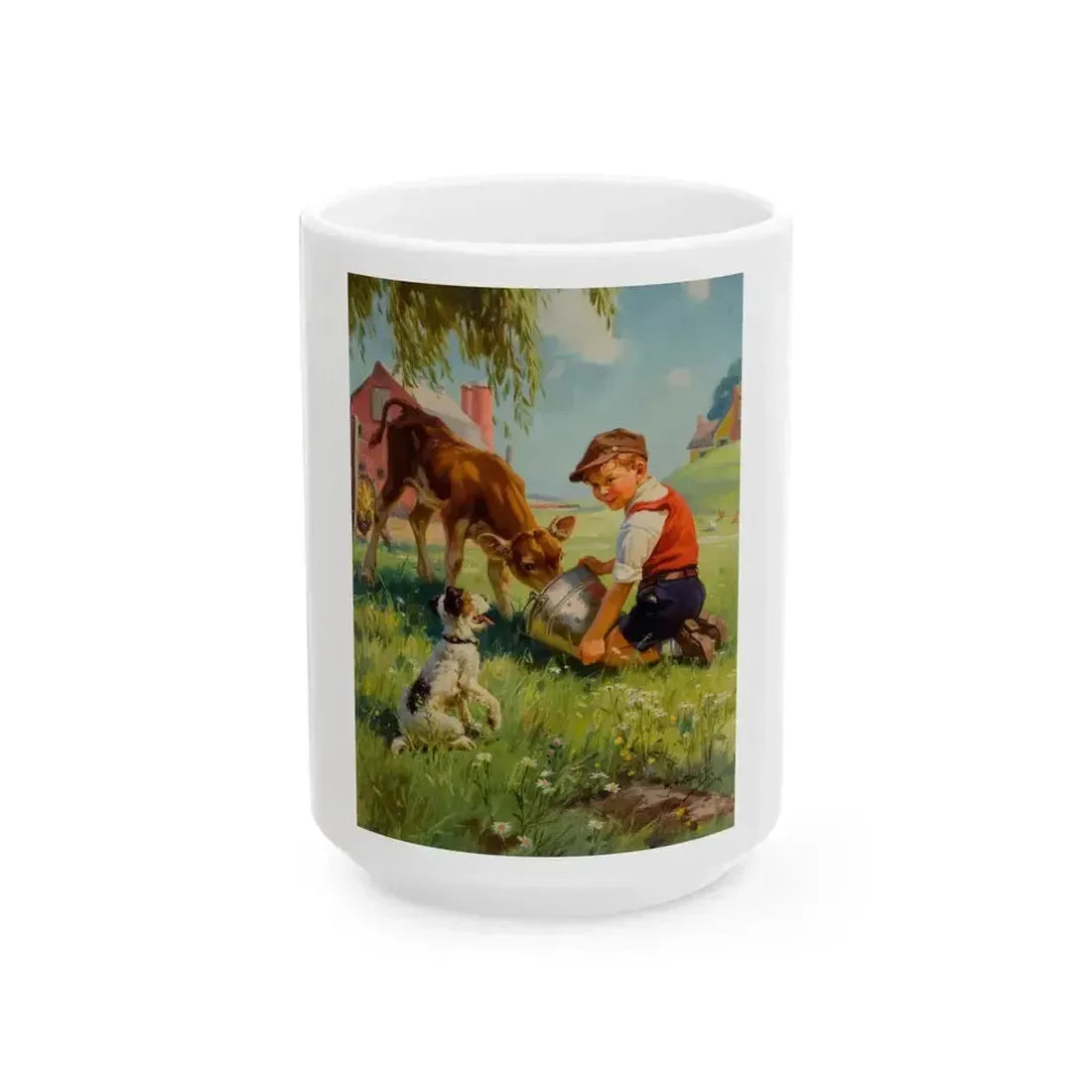 Boy with Calf and Dog - White Coffee Mug 15oz - Go Mug Yourself