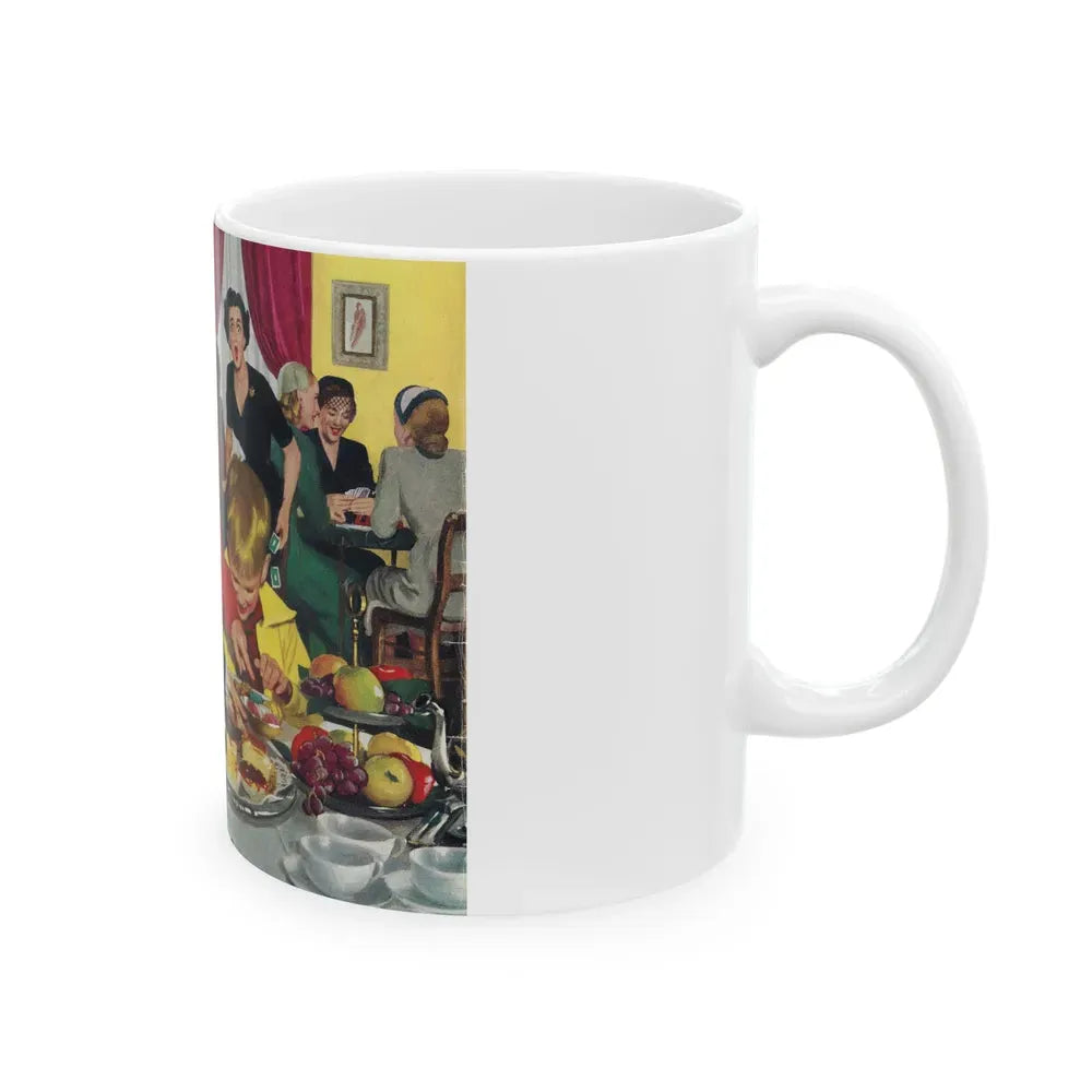 Bridge Party Disaster in Making, The Saturday Evening Post cover, Dec. 20, 1952 - White Coffee Mug - Go Mug Yourself