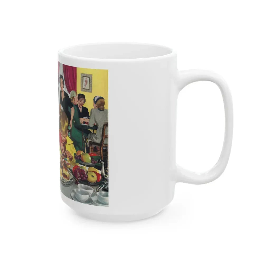 Bridge Party Disaster in Making, The Saturday Evening Post cover, Dec. 20, 1952 - White Coffee Mug - Go Mug Yourself
